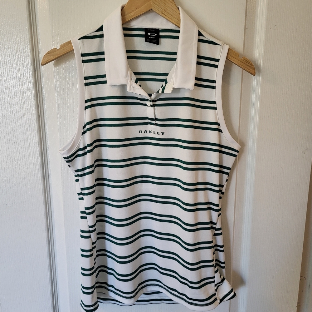 Oakley White and Dark Green Striped Sleeveless Polo Tank